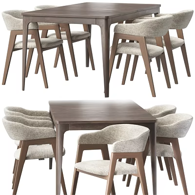 Modern Wooden Table And Chair Set With Beige Upholstered Seats And Natural Legs 3d model