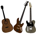 Musical Instruments Collection With Acoustic Wooden Guitar Electric Bass And Gray Electric Guitar