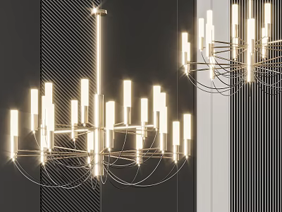 Modern Chandelier With Slim Light Tubes And Metal Frame Against Striped Decorative Wall 3d model