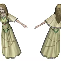 Game Movie Character Long Beige Dress Green Sash Beaded Details Blond Hair Front Back Views