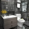 White Bathroom Sink Vanity With Black Tiled Walls And Yellow Flowers In Vase