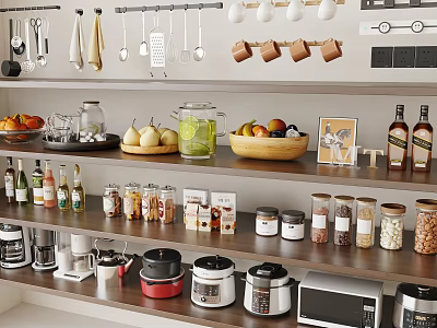 Well Arranged Kitchen Shelves With Assorted Spice Jars Fresh Fruits Utensils And Small Appliances 3d model