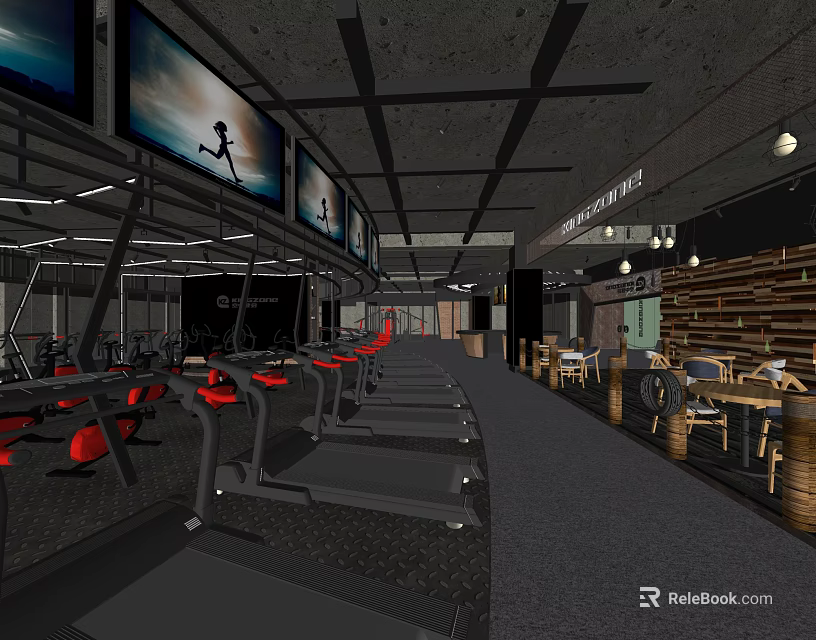 Modern Sports Club Gym Interior With Treadmills Large Screens And Seating Area 3d model 