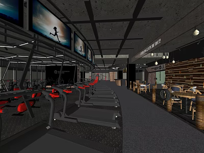 Modern Sports Club Gym Interior With Treadmills Large Screens And Seating Area 3d model