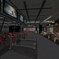 Modern Sports Club Gym Interior With Treadmills Large Screens And Seating Area