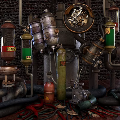 Steampunk Vintage Industrial Household Decor With Metal Pipes Valves And Gauges 3d model