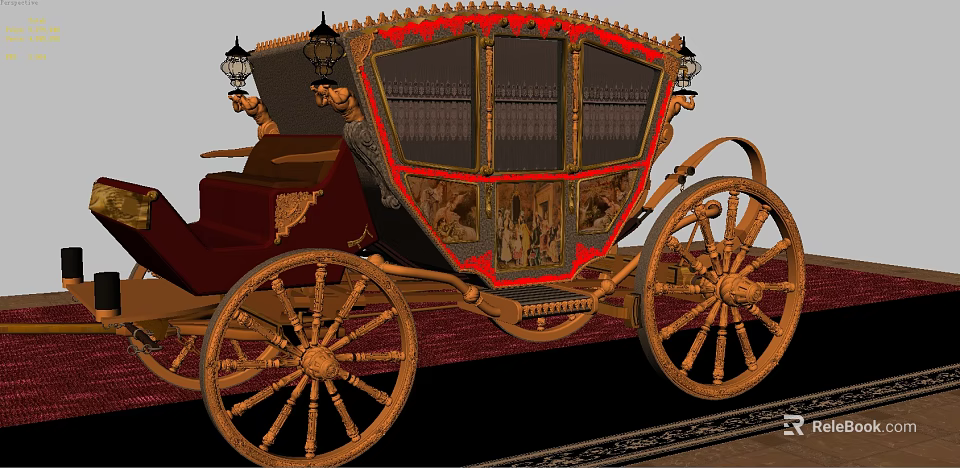 Antique Ornate Carriage With Gold Accents Red Black Design And Large Wheels 3d model 