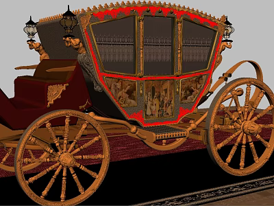 Antique Ornate Carriage With Gold Accents Red Black Design And Large Wheels 3d model