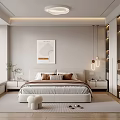 Modern Minimalist Bedroom Interior With White Bed Wall Art Nightstands Plant Hanging Lights And Wooden Floor