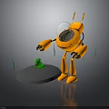 Game Movie Character Orange Robot With Yellow Antennas Transparent Head Mechanical Arms And Green Frog