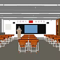 School Classroom With Wooden Desks Teacher's Platform Blackboard Windows And Bright Lighting