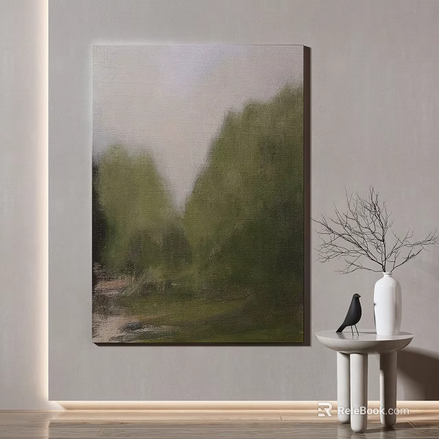 Green Toned Landscape Painting On Wall With White Vase Bare Branches Black Bird And Small Table 3d model 
