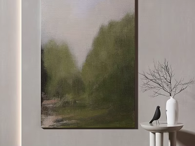 Green Toned Landscape Painting On Wall With White Vase Bare Branches Black Bird And Small Table 3d model