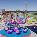 Themed Children's Play Area With Various Rides Green Spaces And Water Features