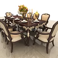 Elegant Classic Dining Table Set With Carved Chairs Upholstered Seats And Tabletop Decorations 3d model