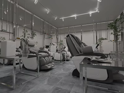 Modern Interior Space Featuring Comfortable Massage Chairs Metal Tables And Green Plants 3d model