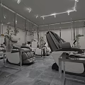 Modern Interior Space Featuring Comfortable Massage Chairs Metal Tables And Green Plants