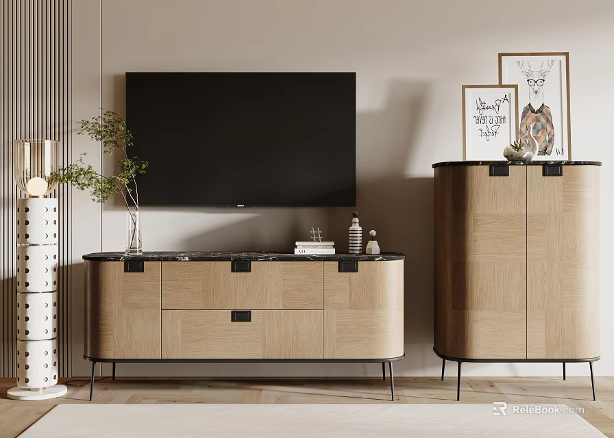 Modern Wooden TV Stand With Black TV Screen And Decorative Items Near Framed Art 3d model 
