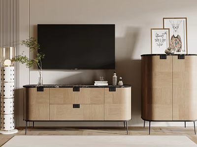 Modern Wooden TV Stand With Black TV Screen And Decorative Items Near Framed Art 3d model