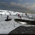 People Ice Skating On Frozen Lake With Boats Near Snowy Hills And Blue Sky