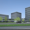 Modern Office Building Complex With Glass Curtain Wall Green Trees And Lawn