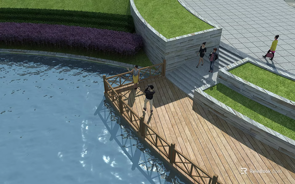 Garden Landscape Design Featuring Wooden Deck Water Area Green Lawn Purple Shrubs And Steps 3d model 
