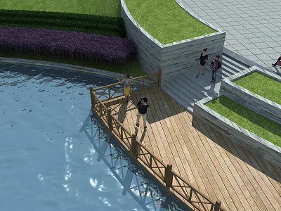 Garden Landscape Design Featuring Wooden Deck Water Area Green Lawn Purple Shrubs And Steps 3d model