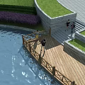 Garden Landscape Design Featuring Wooden Deck Water Area Green Lawn Purple Shrubs And Steps