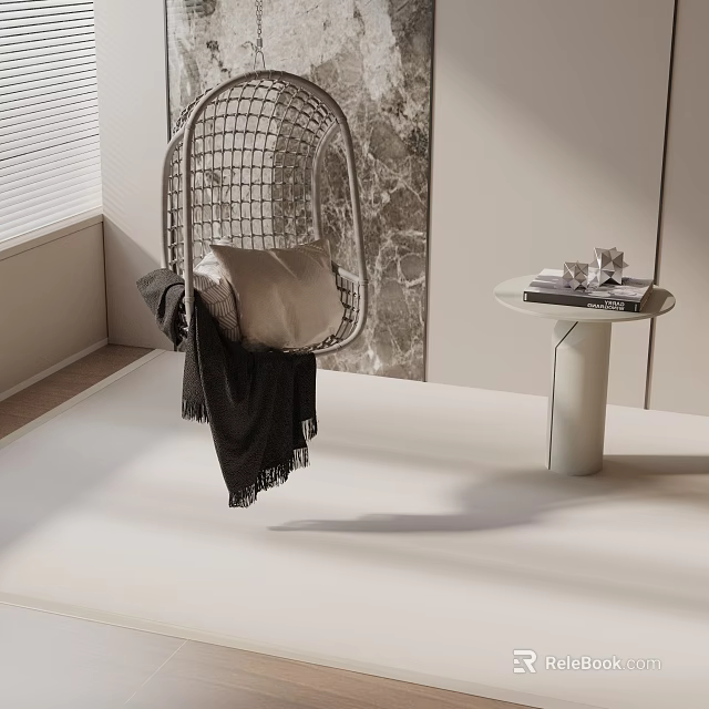 Hanging Metal Mesh Leisure Chair With Cushion Throw Blanket And Side Table In Modern Setting 3d model 