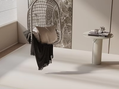 Hanging Metal Mesh Leisure Chair With Cushion Throw Blanket And Side Table In Modern Setting 3d model