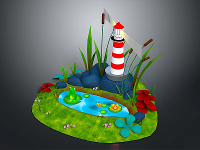 Natural Pond Scene With Red And White Lighthouse Frog Reeds Rocks And Flowers 3d model