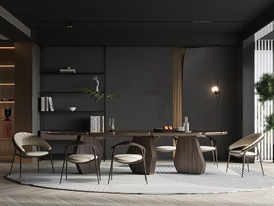 Modern Restaurant Interior With Dark Walls Round Wooden Dining Table And Green Plants 3d model