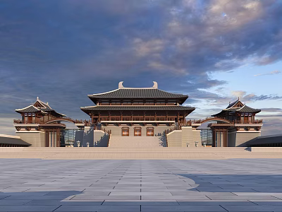 Ancient Architecture With Traditional Wooden Structures Overhanging Eaves And Open Plaza 3d model