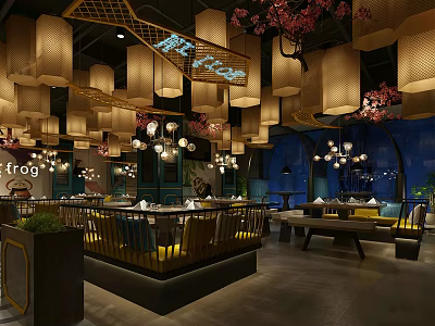 Traditional Asian Restaurant Interior With Hanging Lanterns And Cherry Blossom Decorations 3d model