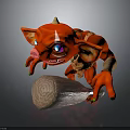 Red Pig Like Creature With Horn Large Ears And Colorful Eyes Holding Stone Hammer