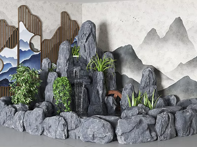 Garden Ornament Featuring Rockery Stone Structure Green Plants And Mountain Painting Background 3d model