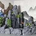 Garden Ornament Featuring Rockery Stone Structure Green Plants And Mountain Painting Background
