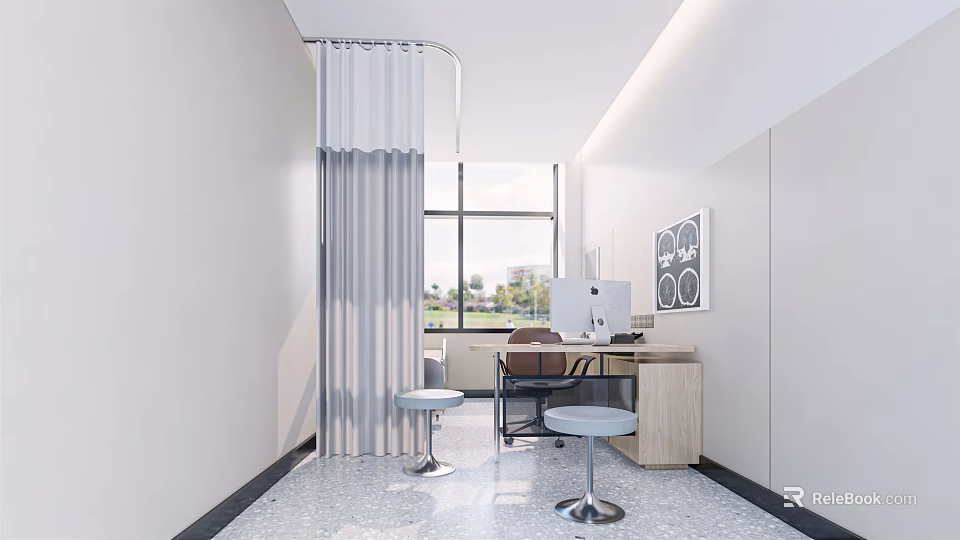 Hospital Outpatient Clinic Interior With Curtain Window Computer Desk Stools And Medical 3d model 