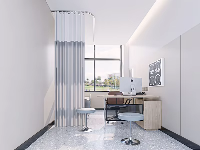 Hospital Outpatient Clinic Interior With Curtain Window Computer Desk Stools And Medical 3d model