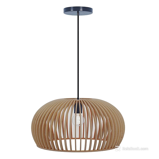 Modern Wooden Stripe Pendant Light With Round Dome Lampshade And Black Hanging Cord 3d model 