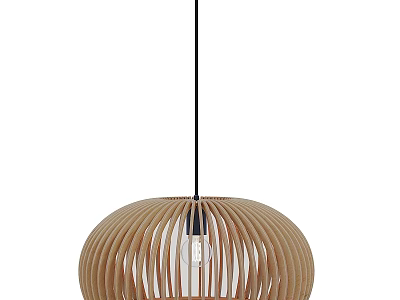 Modern Wooden Stripe Pendant Light With Round Dome Lampshade And Black Hanging Cord 3d model