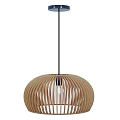 Modern Wooden Stripe Pendant Light With Round Dome Lampshade And Black Hanging Cord