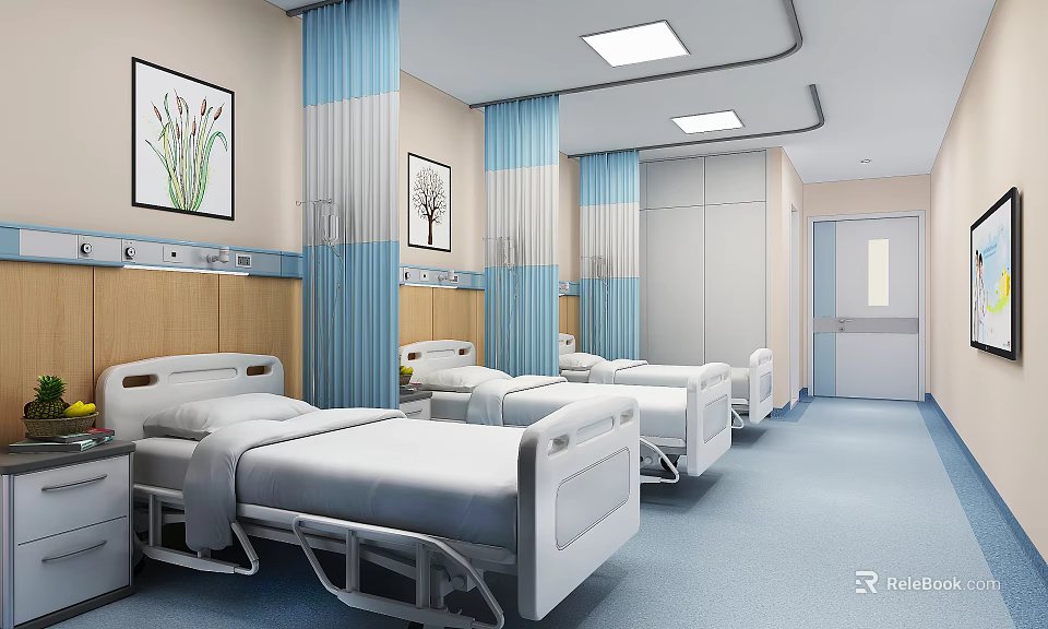 Hospital Ward Interior Featuring Beds Blue White Curtains Decorative Paintings Wooden Walls And Flooring 3d model 