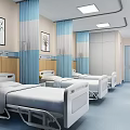 Hospital Ward Interior Featuring Beds Blue White Curtains Decorative Paintings Wooden Walls And Flooring