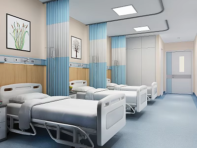 Hospital Ward Interior Featuring Beds Blue White Curtains Decorative Paintings Wooden Walls And Flooring 3d model