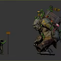Giant Game Character Monster With Small Green Figures In Yellow Clothing Flag Bearer And Spears