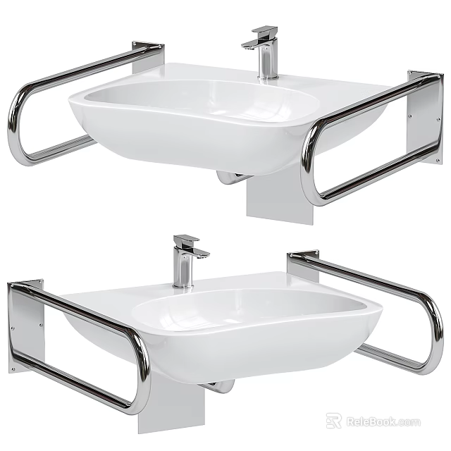 White Wall Mounted Washbasin Design With Metal Handrails And Silver Faucet 3d model 
