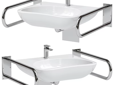 White Wall Mounted Washbasin Design With Metal Handrails And Silver Faucet 3d model