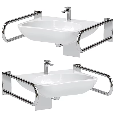 White Wall Mounted Washbasin Design With Metal Handrails And Silver Faucet 3d model