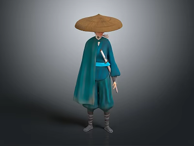 Katana Sword Weapon For Traditional Warrior In Blue Robe And Straw Hat 3d model